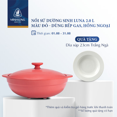 Nồi Sứ Dưỡng Sinh Minh Long Healthy Cook Luna 2.0 L - Dùng Cho Bếp Gas, Bếp Hồng Ngoại