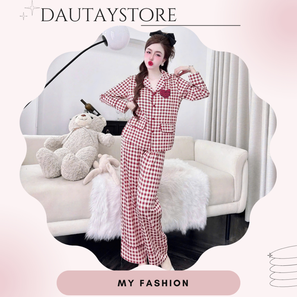 Bộ Pijama Nữ Quần Dài Họa Tiết Caro Sắc Nét Vải Lụa Mát Mịn Freesize 42-65kg (DB200)