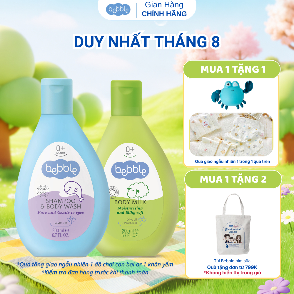 Bộ đôi sữa tắm gội Bebble 200ml, sữa dưỡng ẩm Bebble 200ml dành cho trẻ sơ sinh từ 0 tháng tuổi