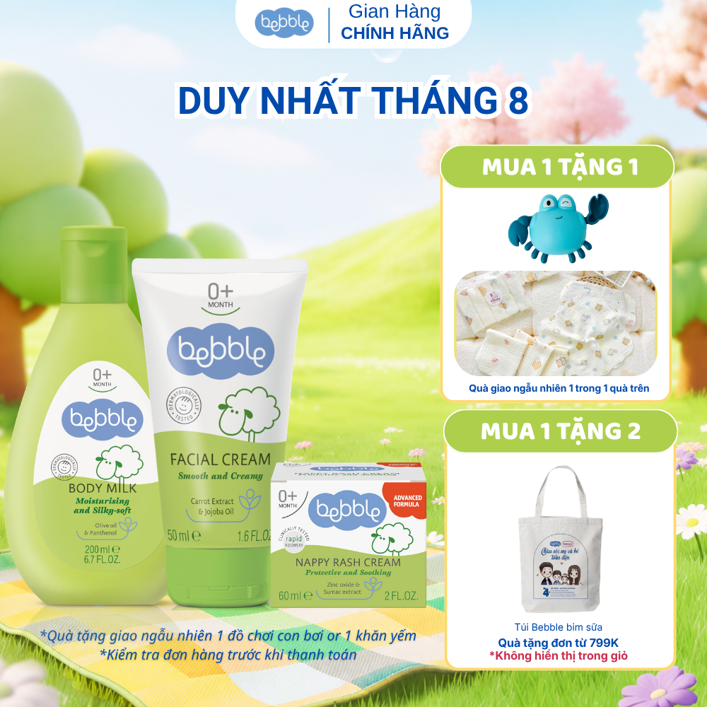 Bộ 3 sản phẩm Kem Hăm 60ml + Sữa dưỡng ẩm toàn thân Bebble 200ml + Kem dưỡng ẩm da mặt Bebble  FACIA