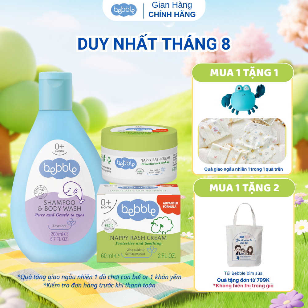 Combo sữa tắm gội Bebble 200ml, kem hăm tã mẩn ngứa Bebble 60ml dành cho trẻ sơ sinh từ 0 tháng tuổi
