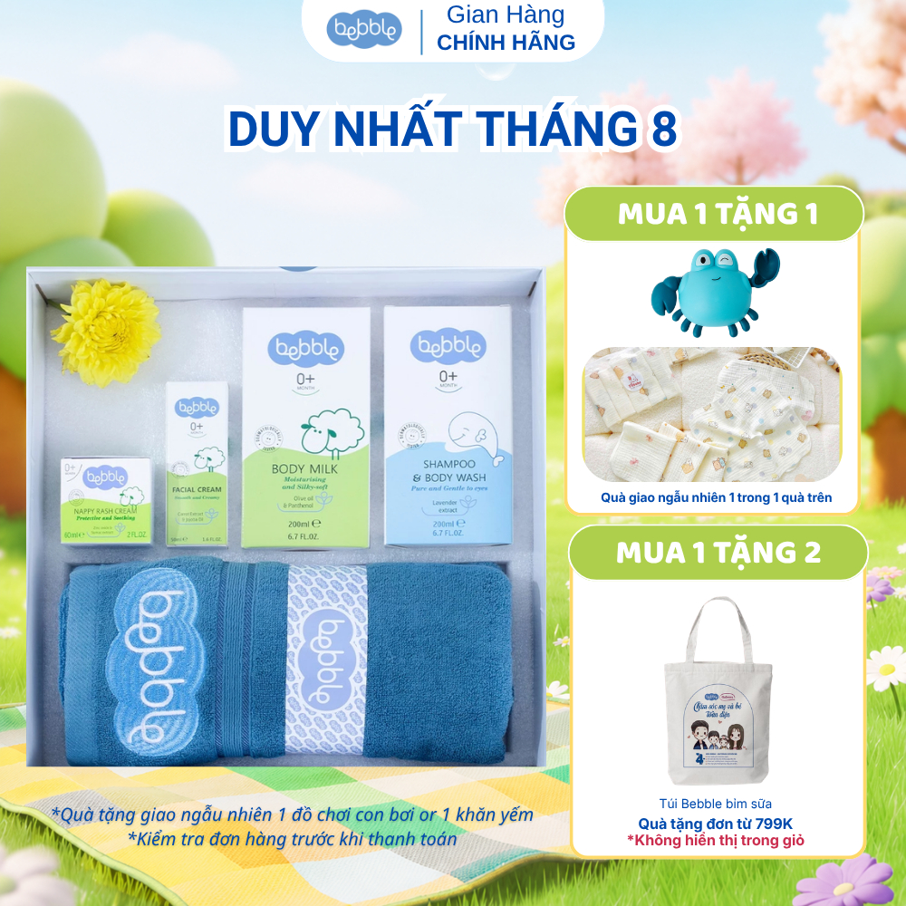 Combo quà tặng BEBBLE, bộ chăm sóc trẻ sơ sinh, tặng ngay khắn tắm cotton size đại Bebble
