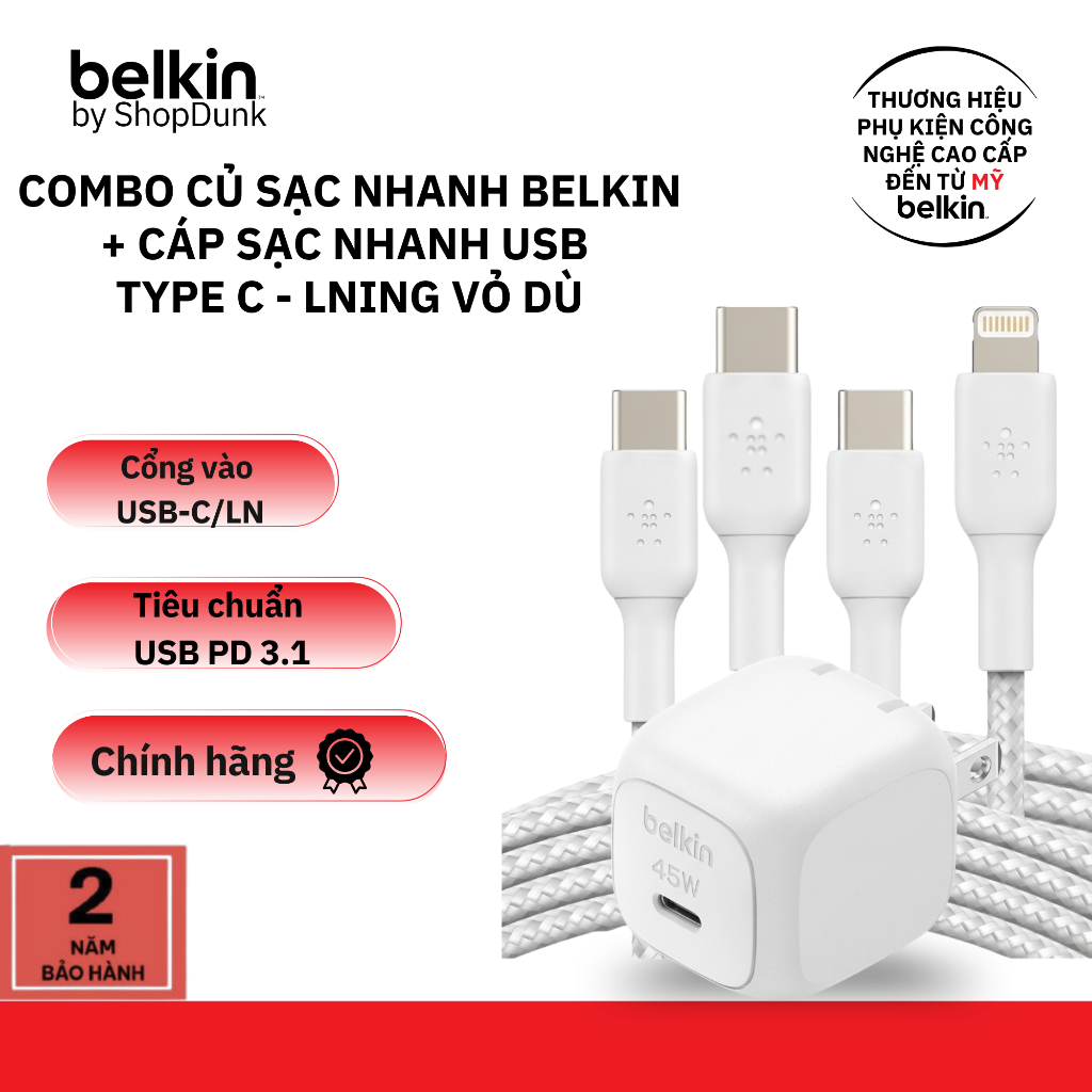 Combo Củ sạc nhanh 25W/45W Belkin và Cáp sạc nhanh USB C-Type C 30W/60W/240W vỏ nhựa/dù