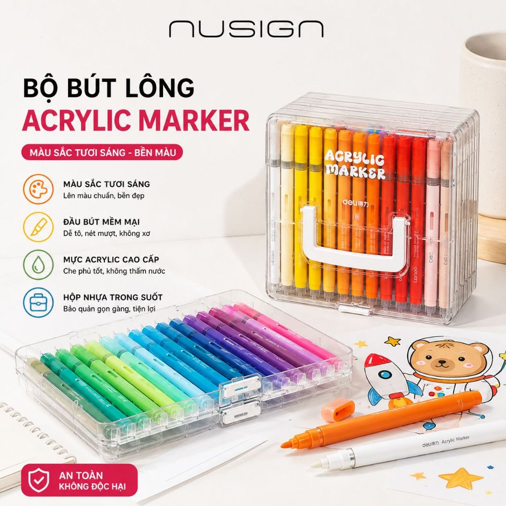 Bút Sơn Màu Acrylic Maker Deli x Nusign Dạng Roller Hộp Nhựa 24/36/48/60/72/84 Màu Vẽ Được Trên Mọi 