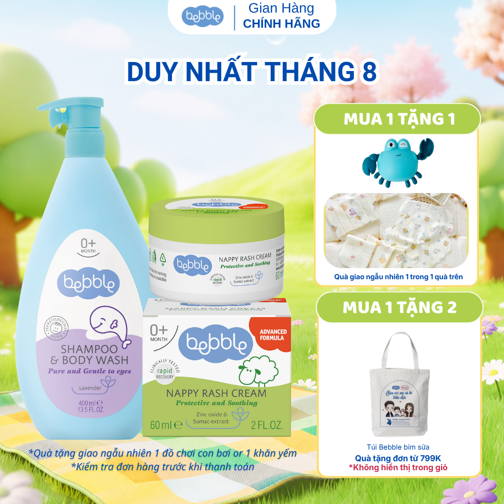 COMBO Sữa tắm gội cho bé Bebble shampoo body wash hương Lavender  400ml + Kem Hăm Tã Bebble 60ml