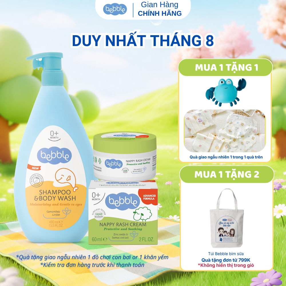 Combo Kem hăm tã Bebble Nappy Rash 60ml + Sữa tắm gội Bebble Hoa Cúc không cay mắt, 400ml