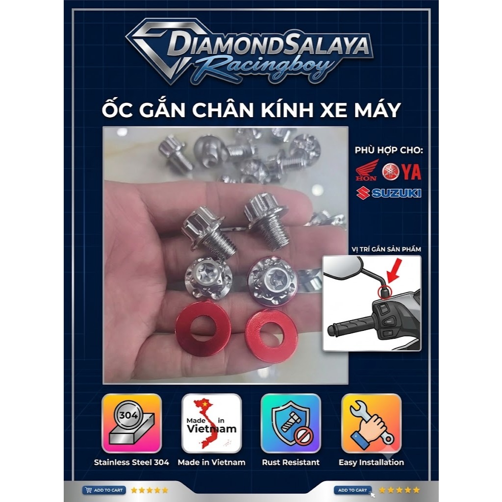 [T.lông đền] Ốc chân kính 10li Salaya, Ốc chân gương 10li Salaya, Thái - DIAMOND SALAYA