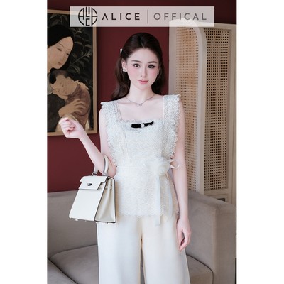Set Công Sở 2 Chi Tiết Alice, Áo Ren 2 Dây Bản To Đính Nơ & Hoa Phối Quần Lụa Ống Đứng Cạp Cao S1117