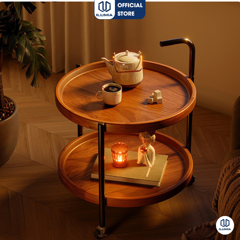 Bàn trà sofa chân sắt tròn 2 tầng kèm bánh xe di chuyển dễ dàng ILUMIA - GM188