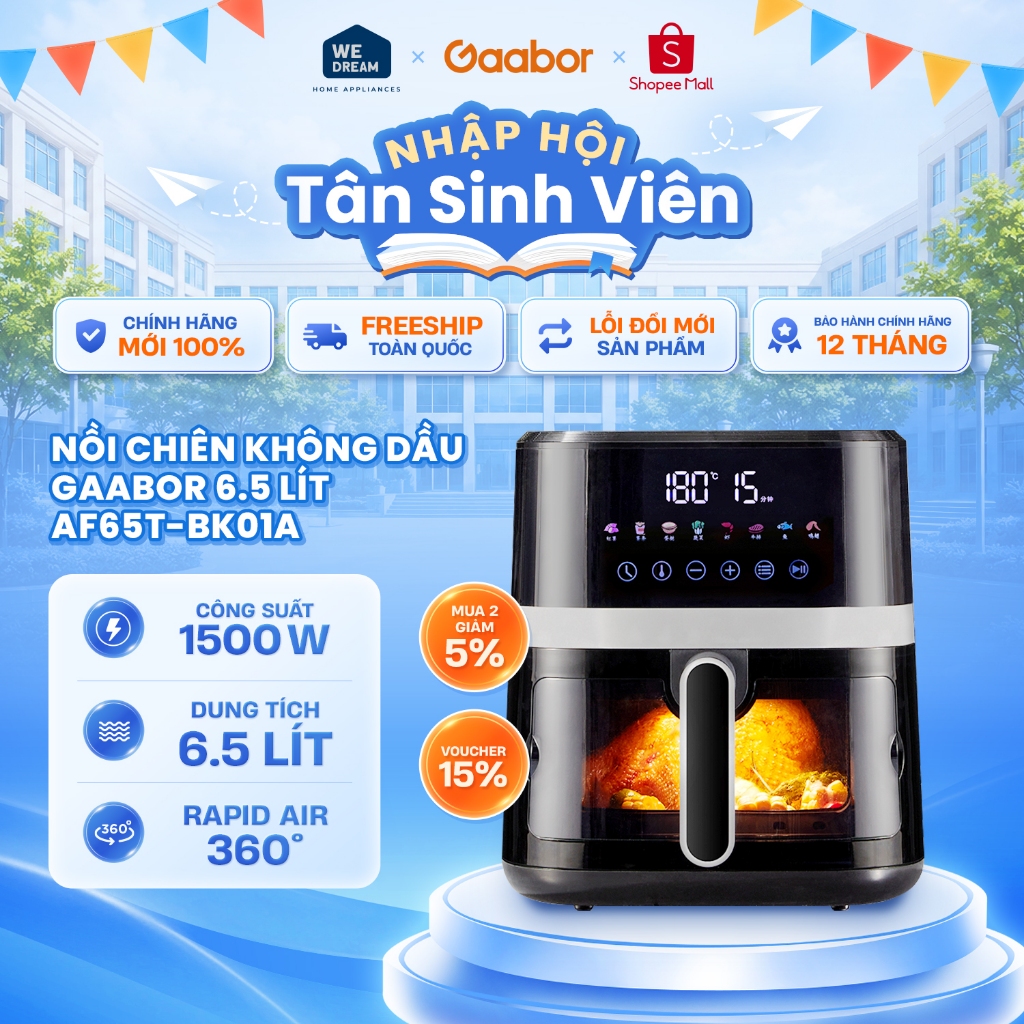 AF65T-BK01A - Nồi Chiên Không Dầu Gaabor 6.5 Lít AF65T-BK01A - Hàng Chính Hãng, Hàng Mới