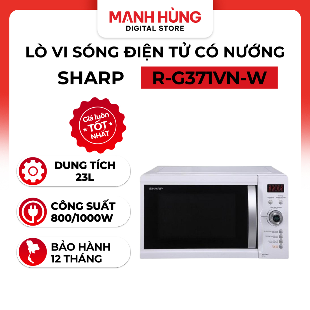 Lò Vi Sóng Điện Tử Có Nướng Sharp R-G371VN-W - Dung Tích 23L, Bảo Hành 12 Tháng Chính Hãng
