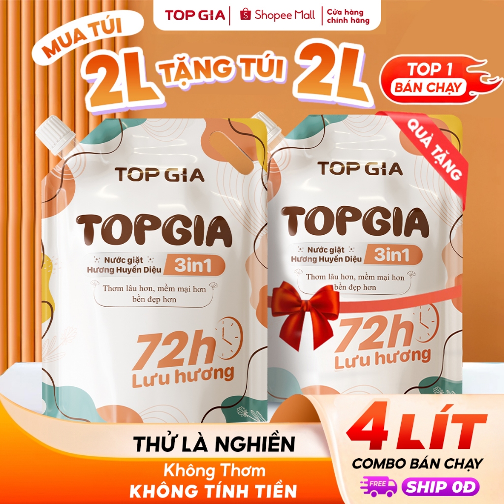 Nước Giặt TopGia 3in1 Hương Huyền Diệu Dịu Nhẹ Làm Sạch Vết Bẩn, Lưu Hương 72h, Túi 2L