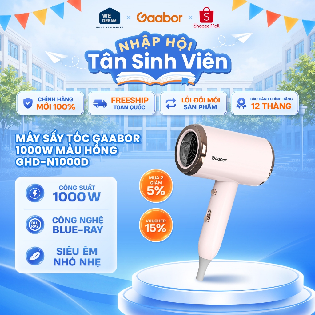 GHD-N1000D - Máy Sấy Tóc Gaabor GHD-N1000D 1000W Màu Hồng - Hàng Chính Hãng, Hàng Mới