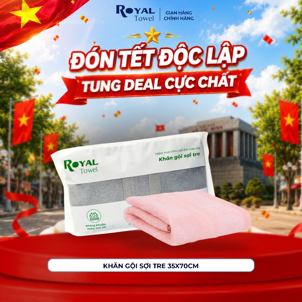 Khăn Gội Royal Towel 35x70cm Sợi Tre Bamboo, Mềm Mịn, Thấm Hút Tốt, Không Xổ Lông, Không Phai Màu, An Toàn Cho Da