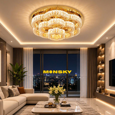 Đèn ốp trần MONSKY pha lê cao cấp thân mạ đồng DNT08 dùng bóng LED 3 chế độ màu ánh sáng (6605)