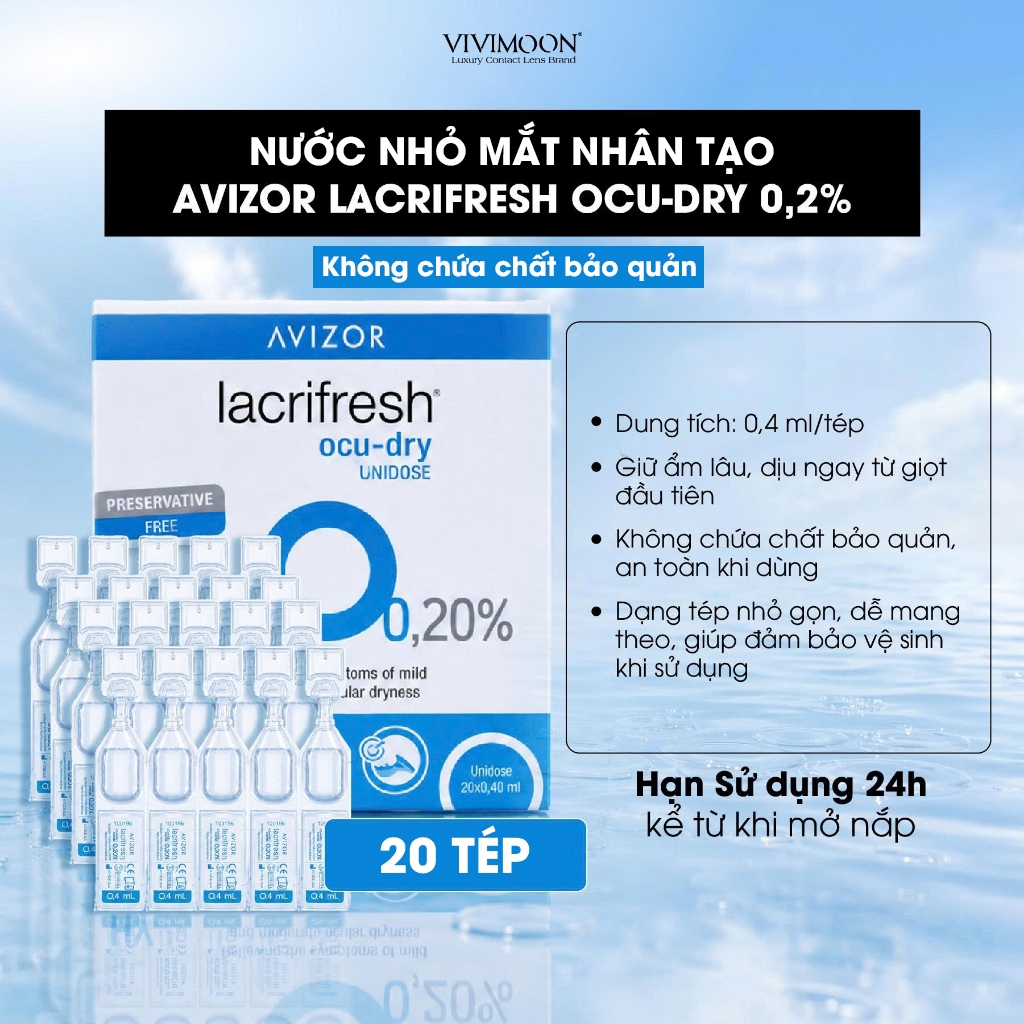 Dung dịch nước nhỏ mắt nhân tạo AVIZOR LACRIFRESH OCU-DRY 0,2% UNIDOSE, dạng tép, làm dịu mắt khô, không chất bảo quản