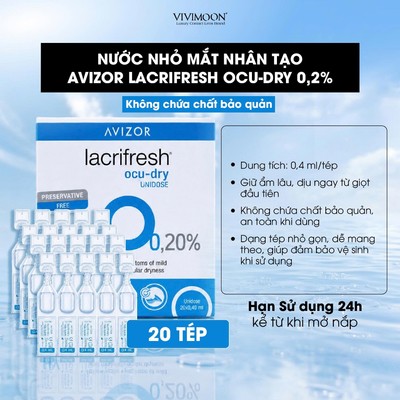 Dung dịch nước nhỏ mắt nhân tạo AVIZOR LACRIFRESH OCU-DRY 0,2% UNIDOSE, dạng tép, làm dịu mắt khô, không chất bảo quản
