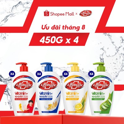 Combo 4 chai Nước rửa tay Lifebuoy bảo vệ khỏi 99,9% vi khuẩn 450g/chai