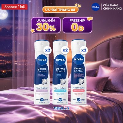 [WOO! x NIVEA] Bộ 2 Xịt Ngăn Mùi NIVEA Derma Control Dưỡng Sáng & Phục Hồi/Đều màu/Mềm mịn (150mlx2)