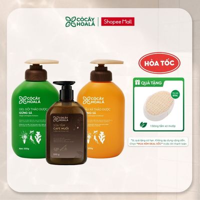 [TẶNG BÔNG TĂM XƠ MƯỚP]  Combo Chăm Sóc Tóc & Cơ Thể Dầu Gội Xả Gừng Sả 500G + Sữa Tắm Trà Xanh/ Cafe 250G Cỏ Cây Hoa Lá