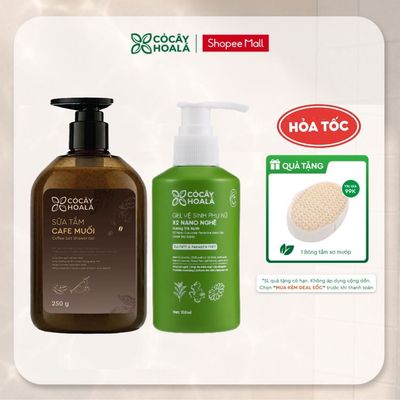 [TẶNG BÔNG TĂM XƠ MƯỚP] Combo Sữa Tắm Cafe Muối 250G + Gel Dung Dịch Vệ Sinh X2 Nano Nghệ 150ML Cỏ Cây Hoa Lá Chăm Sóc C