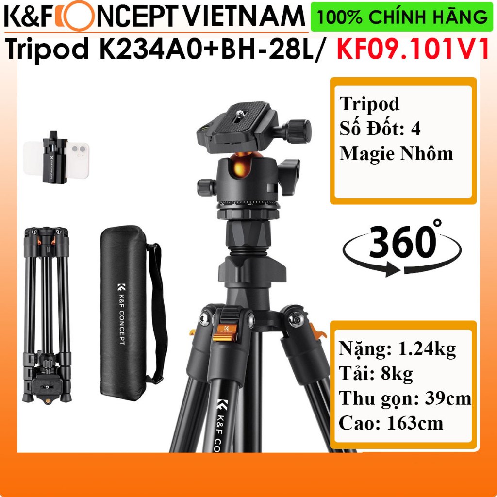 Chân máy ảnh K&F Concept K234A0+BH-28L (KF09.101V1), Cao 1.63m/ Thu gọn 39cm/ Nặng 1.43/ Tải 8kg