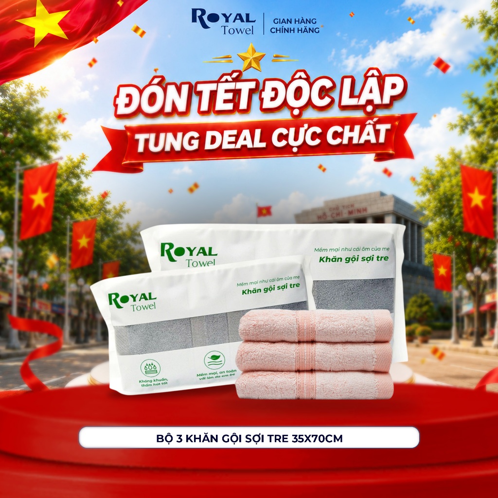 Bộ 3 Khăn Gội Royal Towel 35x70cm Sợi Tre Bamboo, Mềm Mịn, Thấm Hút Tốt, Không Xổ Lông, Không Phai Màu, An Toàn Cho Da
