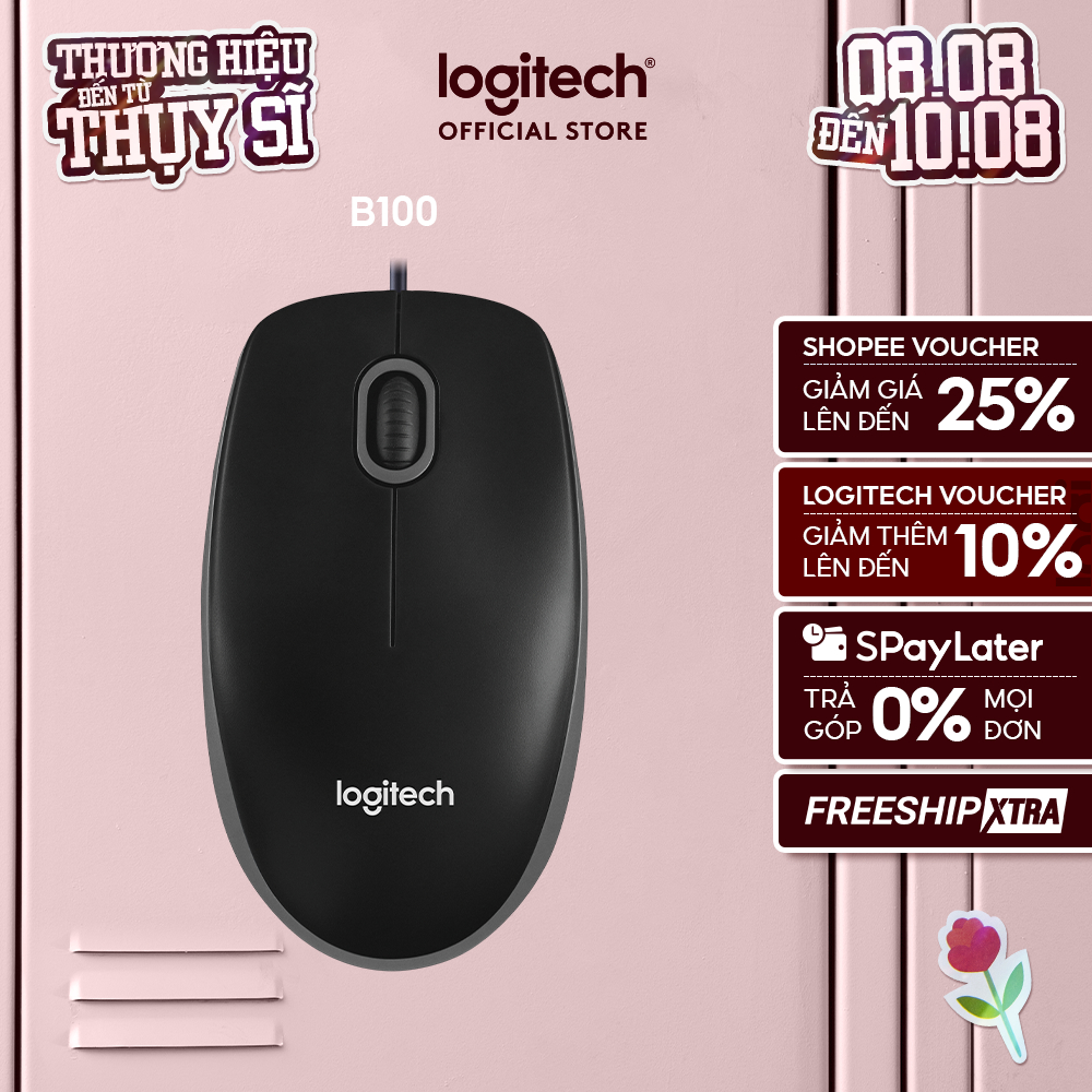 Chuột có dây Logitech B100 - Dây dài 1m8, thiết kế ôm tay, thuận cả 2 tay