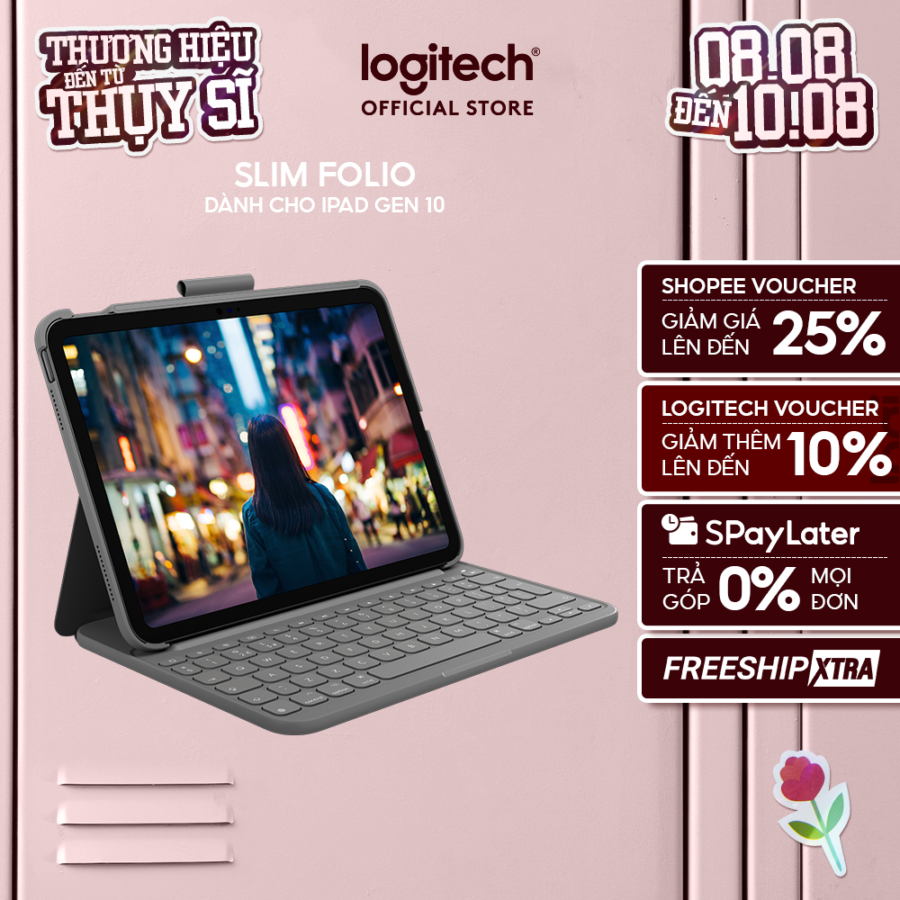 Bao da case kèm phím Logitech Slim Folio dành cho iPad Gen 10 (10.9 inch) & iPad A16 - Bluetooth, Pi