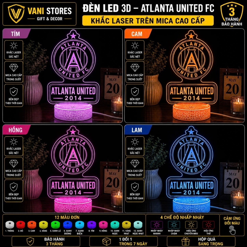 Đèn Led 3D 16 Màu Khắc Logo Atlanta United FC, Đèn Ngủ Trang Trí Quà Tặng Fan Bóng Đá | Vani Stores