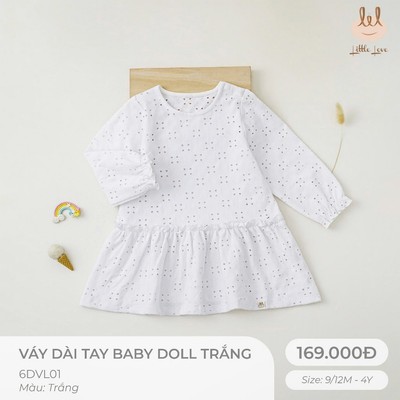 Váy dài tay babydoll trắng dành cho bé Lil Little Love [ Siêu Mềm, Mát, Mịn Co Dãn Và Thấm Hút ] Size 6M - 4Y (6DVL01)