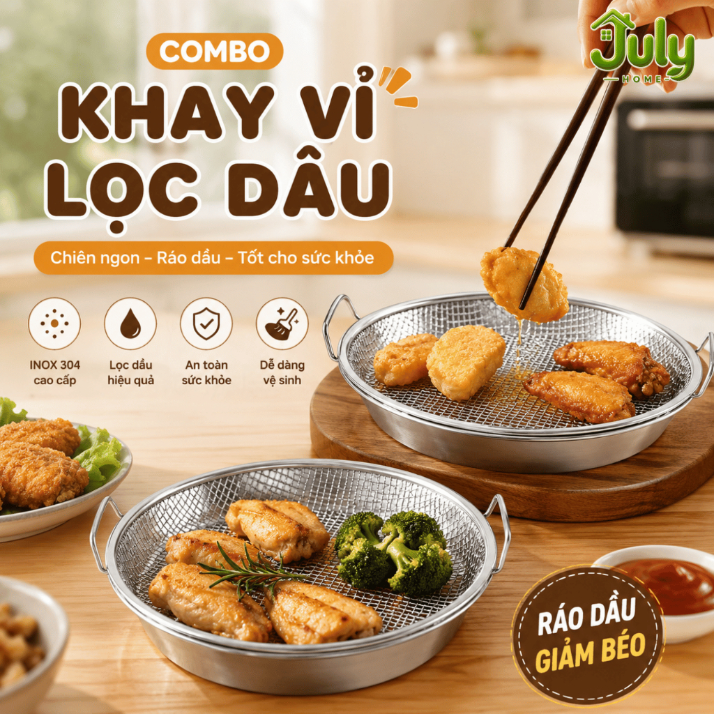 Set Khay Inox Kèm Vỉ Lưới JuLy 20/22cm, Khay Ráo Dầu Chiên Rán Có Tay Cầm Dùng Nồi Chiên Không Dầu