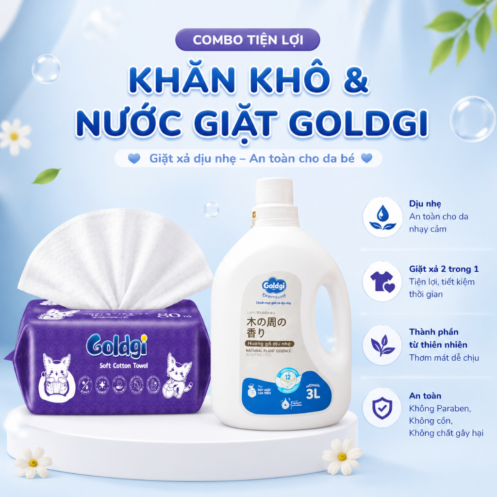 Combo Nước Giặt Goldgi 3L + Khăn Khô Goldgi Chính Hãng