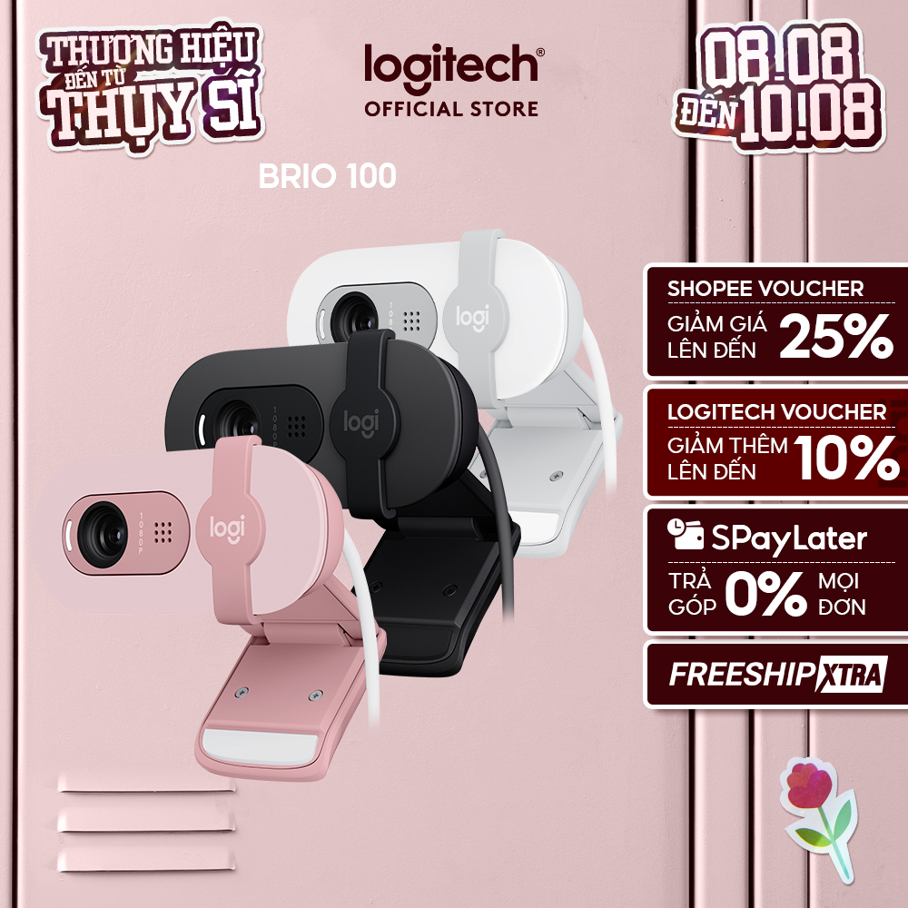 Webcam Full HD Logitech Brio 100 - Cân bằng ánh sáng, Mic, Màn chập, USB-A, Google Meet, Zoom