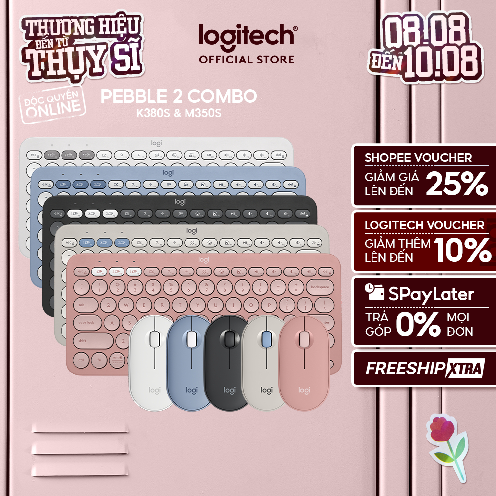 Pebble 2 Combo, Bàn phím Bluetooth Logitech K380s và chuột Logitech M350s - Yên tĩnh,  Easy-Switch