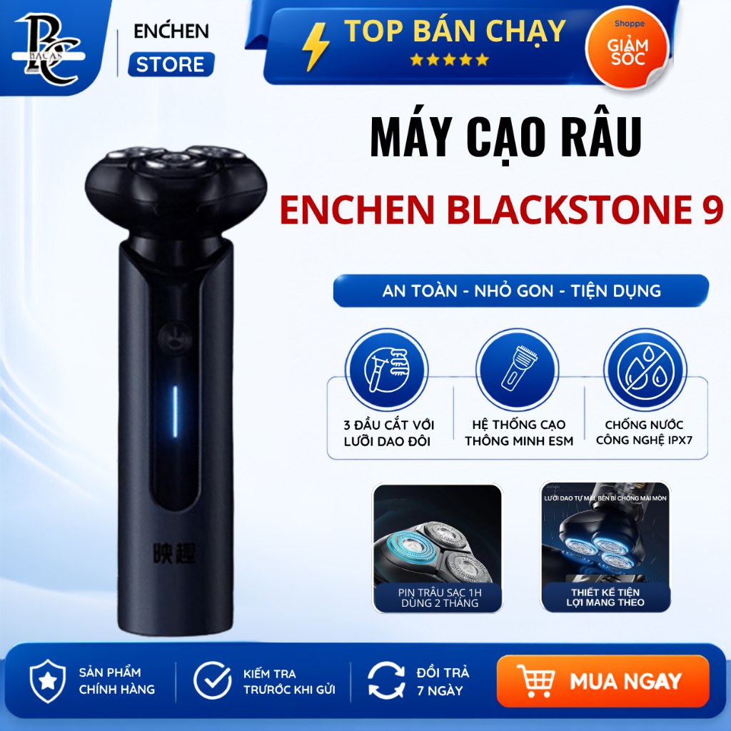 Máy cạo râu Blackstone 9 Enchen hợp kim, 3 lưỡi dao kép 3D cạo sạch, chống nước IPX7 - BH 12 tháng