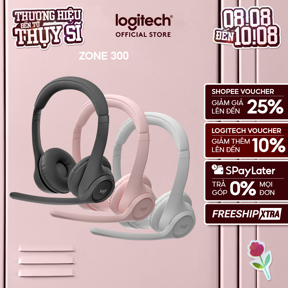 Tai nghe Bluetooth không dây Logitech Zone 300 - Micrô khử ồn, Windows, Mac