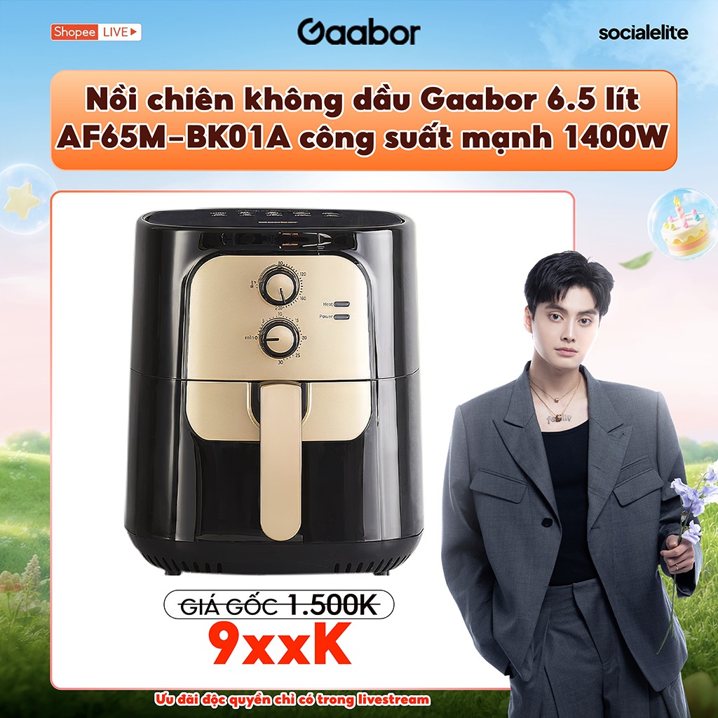 [Độc Quyền Lucie Tuấn Dương] Nồi chiên không dầu 6.5 lít Gaabor AF65M-BK01A khoang chiên lớn cho 3-5