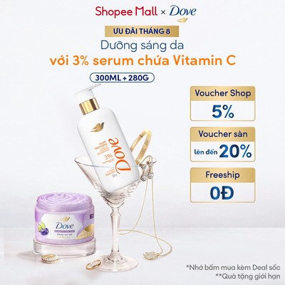 Combo Sữa tắm Dove Serum Dưỡng da chuyên sâu 300ml + Tẩy Da Chết Dưỡng Ẩm Dove 280g