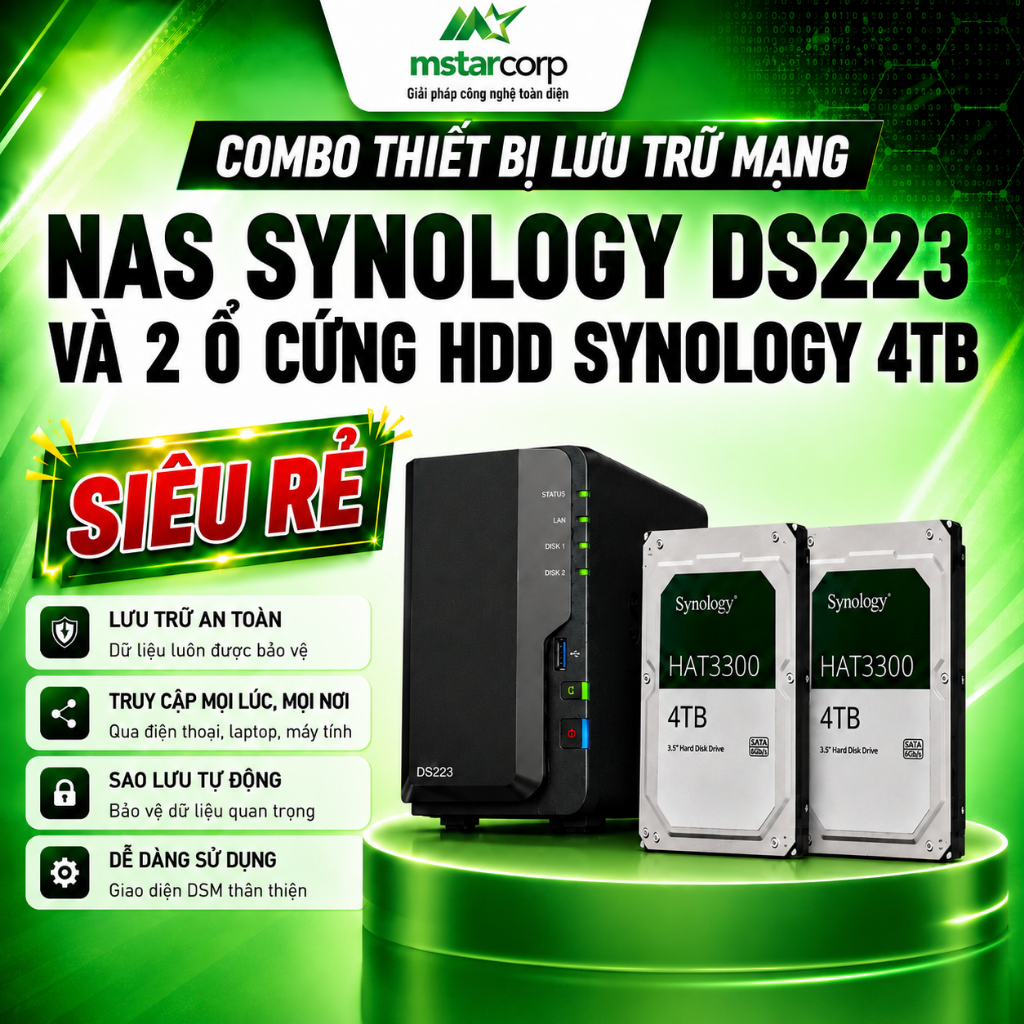 Combo thiết bị lưu trữ mạng NAS Synology DS223+ & 2 Ổ cứng Synology HAT3300 4TB - Mstar Corp