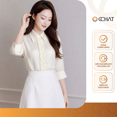 Áo Sơ Mi Nữ 𝐂𝐂𝐇𝐀𝐓 Dáng Suông Laze Nẹp Tay Lửng Chất Liệu Tơ Mểm Mại 16FNV5137ST