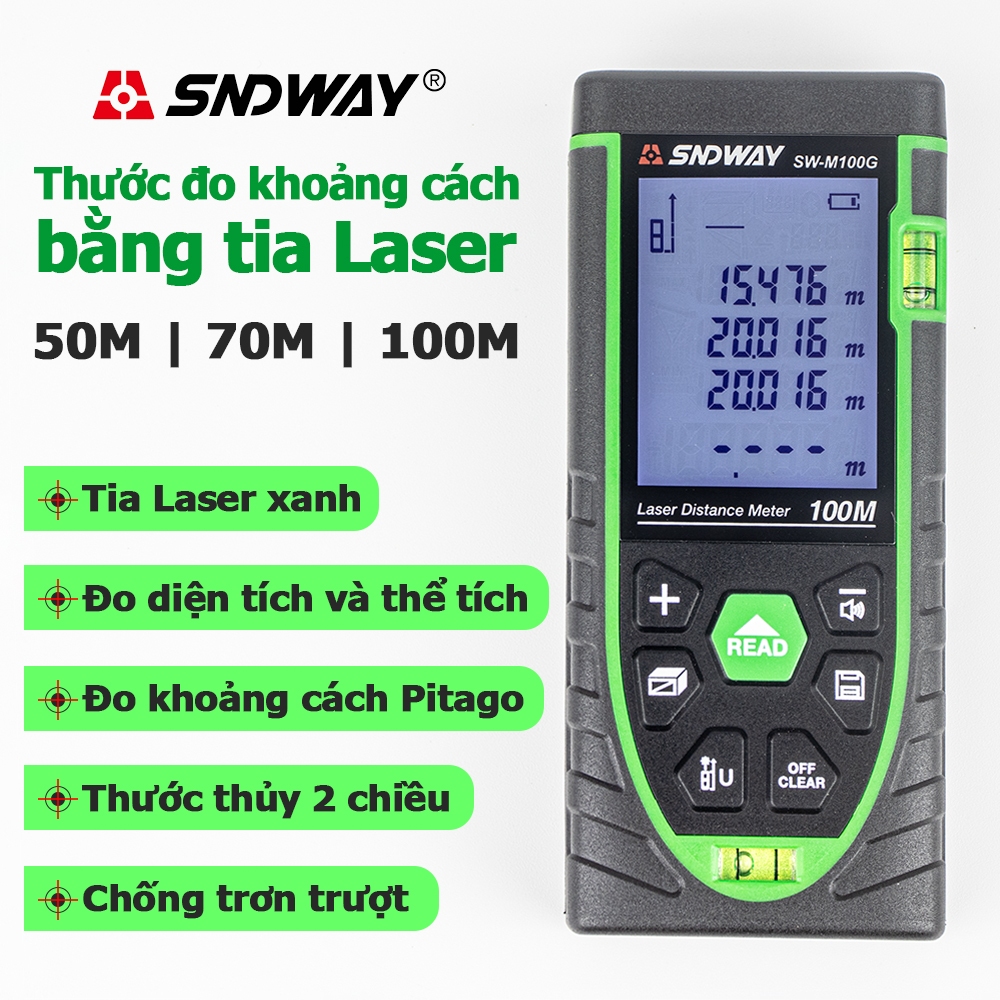 [Có VAT] Thước đo khoảng cách SNDWAY bằng tia Laser Xanh M50G M70G M100G 2 PIN