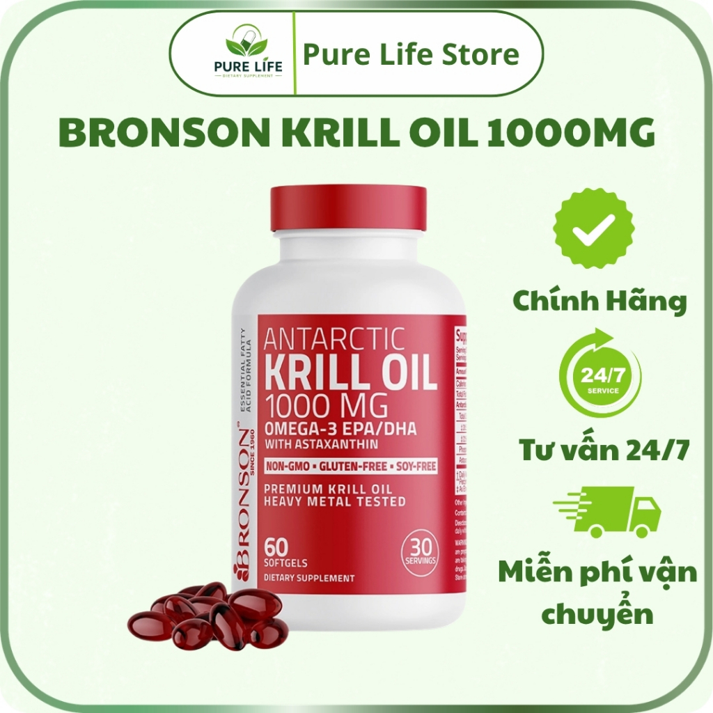 Dầu nhuyễn thể Bronson Antarctic Krill Oil 1000mg hỗ trợ sức khỏe tim mạch, não bộ, thị lực