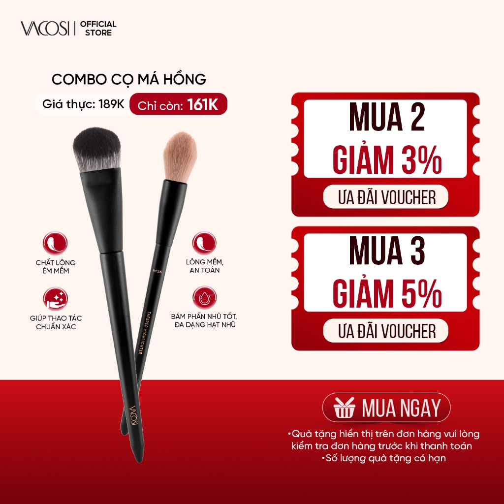 COMBO Cọ Nền Phủ & Cọ Highlight Má Hồng Đa Năng VACOSI - F12 & M26