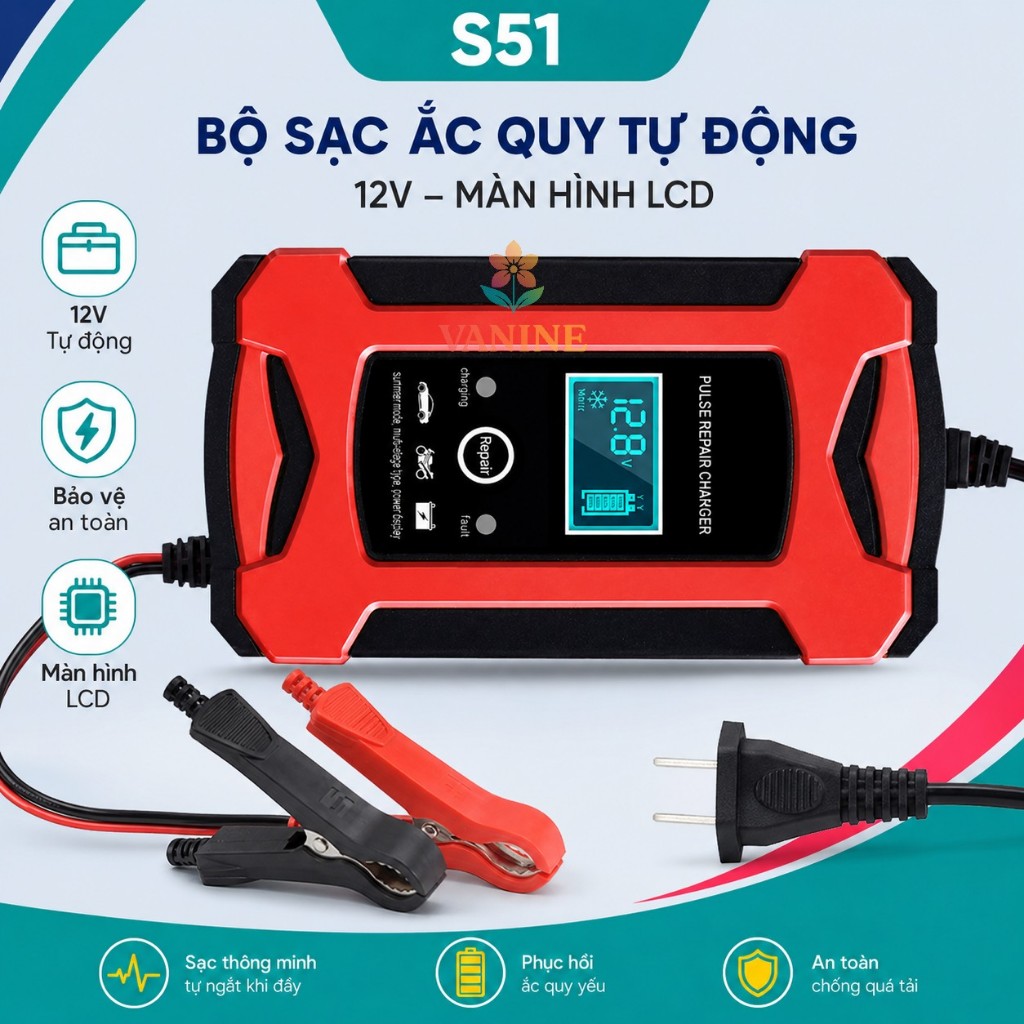 Sạc bình acquy xe máy 12V - 100ah, bộ sạc bình acquy cho xe máy đến ô tô tự động ngắt khi đầy