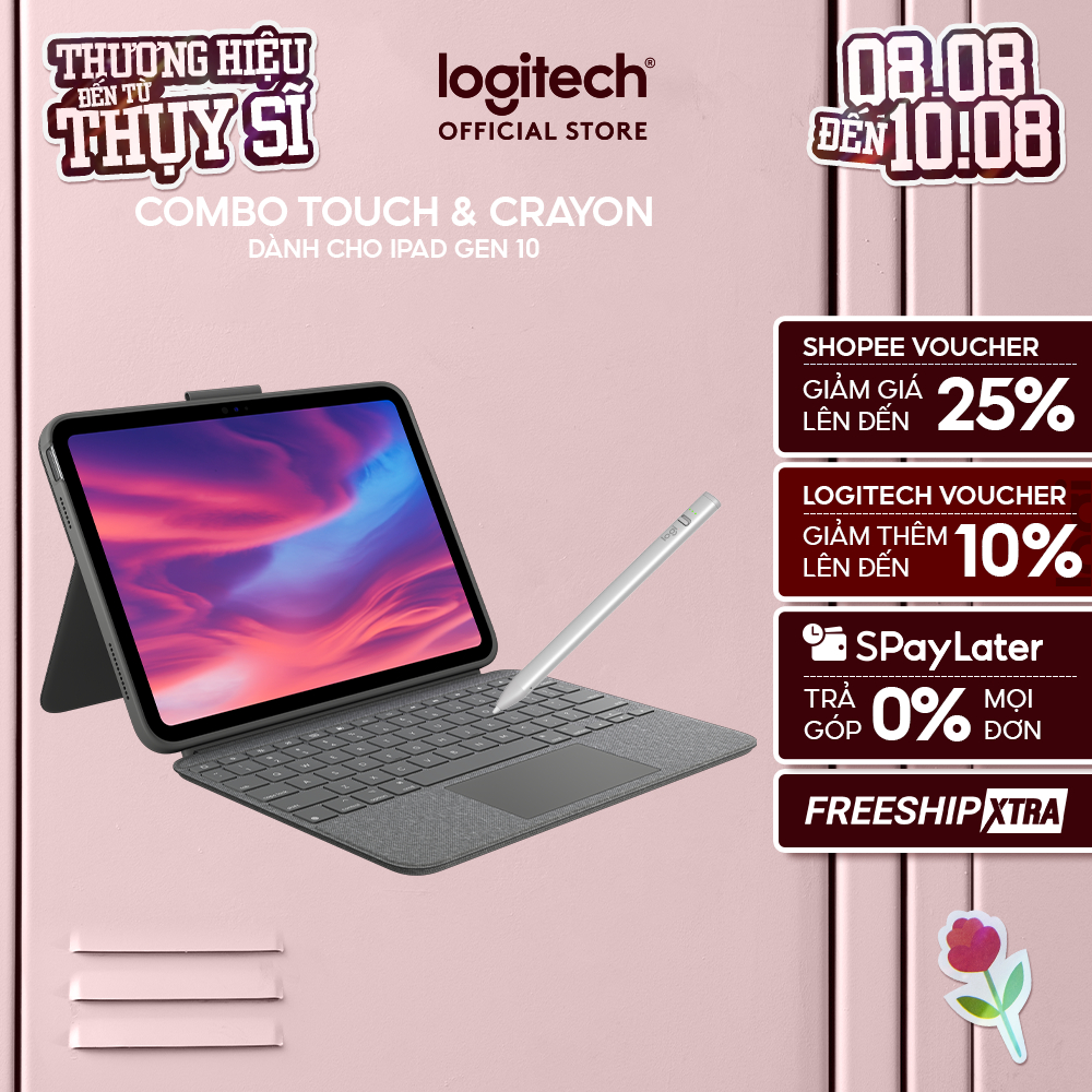 Bao da kèm phím Logitech Combo Touch dành cho iPad Gen 10 (10.9 inch) & Bút cảm ứng Logitech Crayon