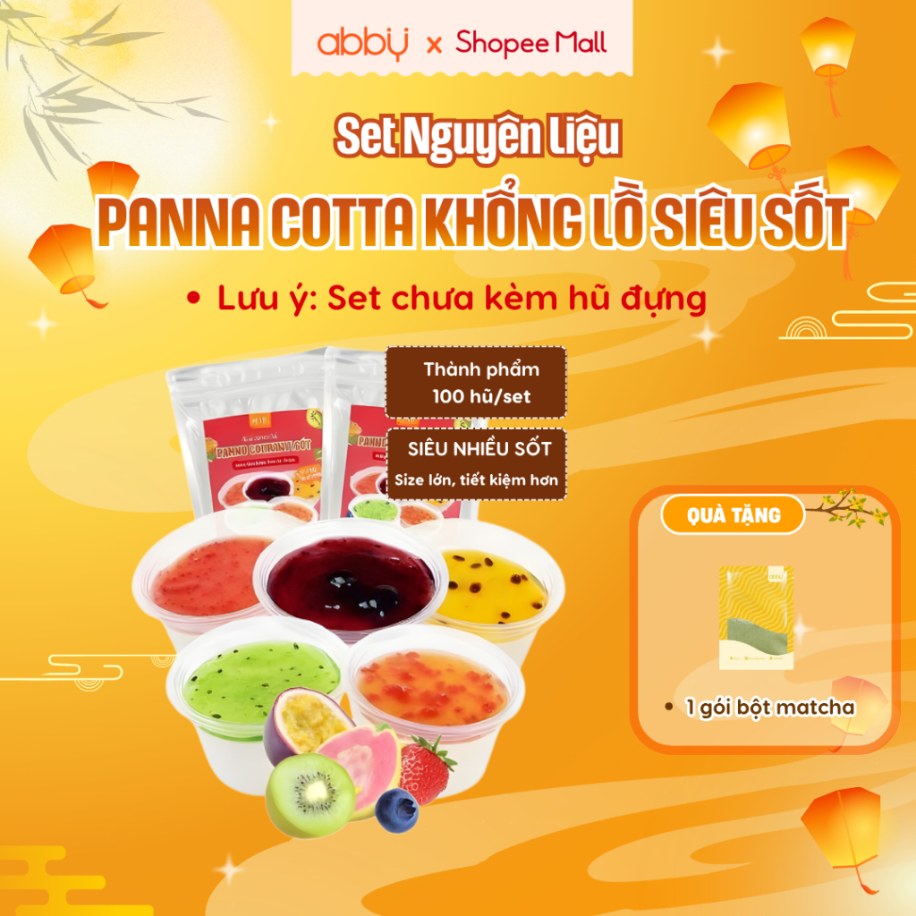 [ABBY] Set nguyên liệu làm panna cotta khổng lồ - 100 hũ siêu sốt - Bột trộn sẵn tiện lợi, mứt trái 