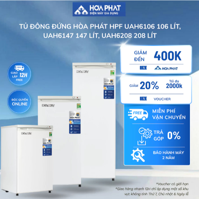 Tủ đông đứng Hòa Phát HPF UAH6106 106 lít/UAH6147 147 lít/UAH6208 208 lít - BH chính hãng 24 tháng