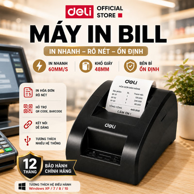 Máy In Hóa Đơn Bill Deli  Máy In Nhiệt Kết Nối USB, In QR Code, Barcode Cho Quán Cafe, Siêu Thị, Nhà Hàng