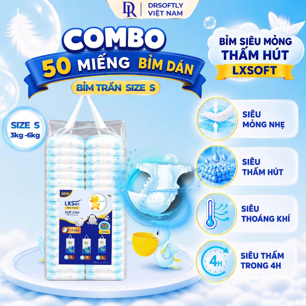 [Combo 50 + 10 Miếng] Bỉm Dán LXSoft Hàn Quốc Siêu Mỏng 1.9mm, Siêu Thấm Hút, Khô Thoáng, Chống Tràn
